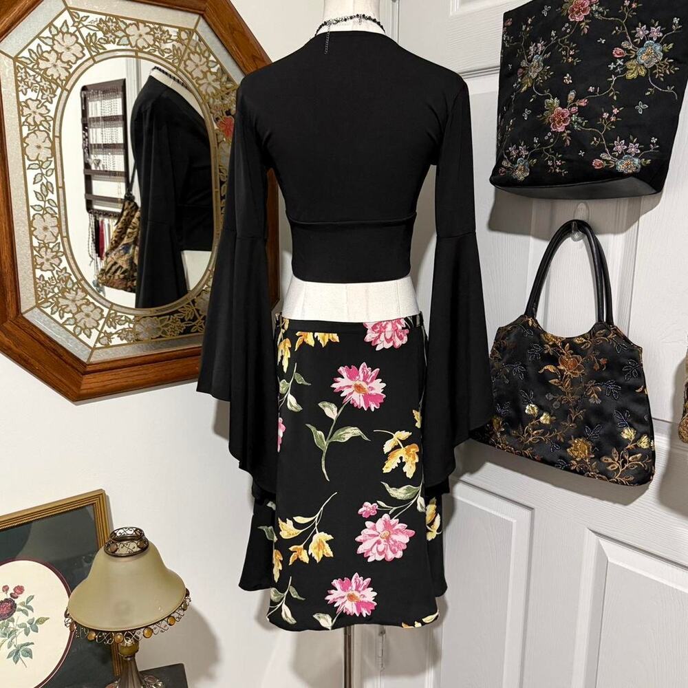 VTG 90s Petite Sophisticate Black, Pink & Yellow Floral Silk Femme Mini Skirt - Picture 4 of 7